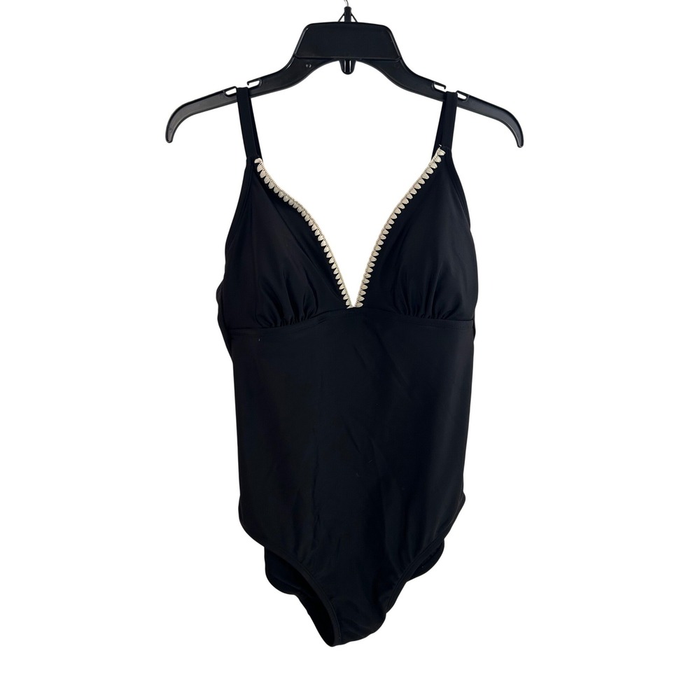 Kona Sol Swimsuit Large Black Embroidered V-Neck One Piece Women